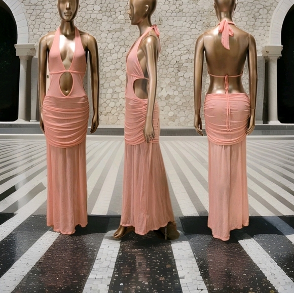 NWT Sexy Pink Halter Cut-Out Ruched Sheer Mesh Ibiza Maxi Dress Sz M - Picture 10 of 14